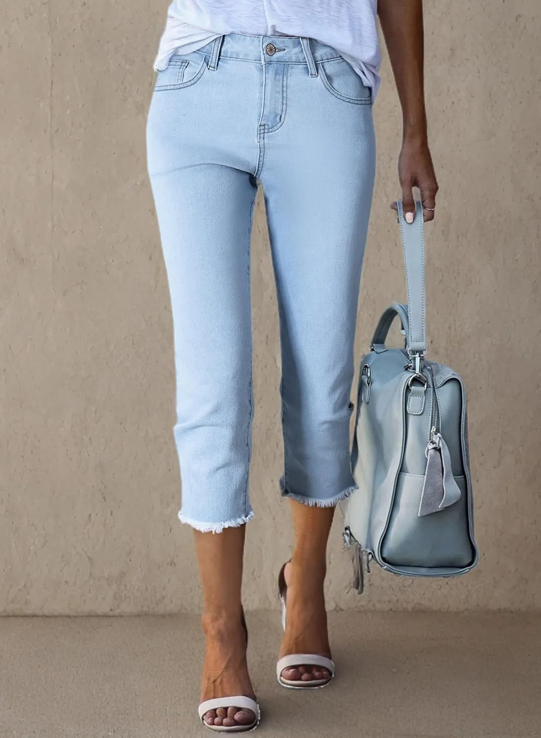 Sidefeel Women's Capri Jeans High Waisted 2025 Summer Fashion Straight Leg Raw Hem Denim Capri Pants