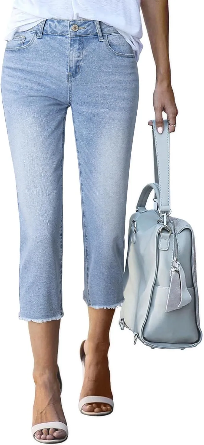 Sidefeel Women's Capri Jeans High Waisted 2025 Summer Fashion Straight Leg Raw Hem Denim Capri Pants
