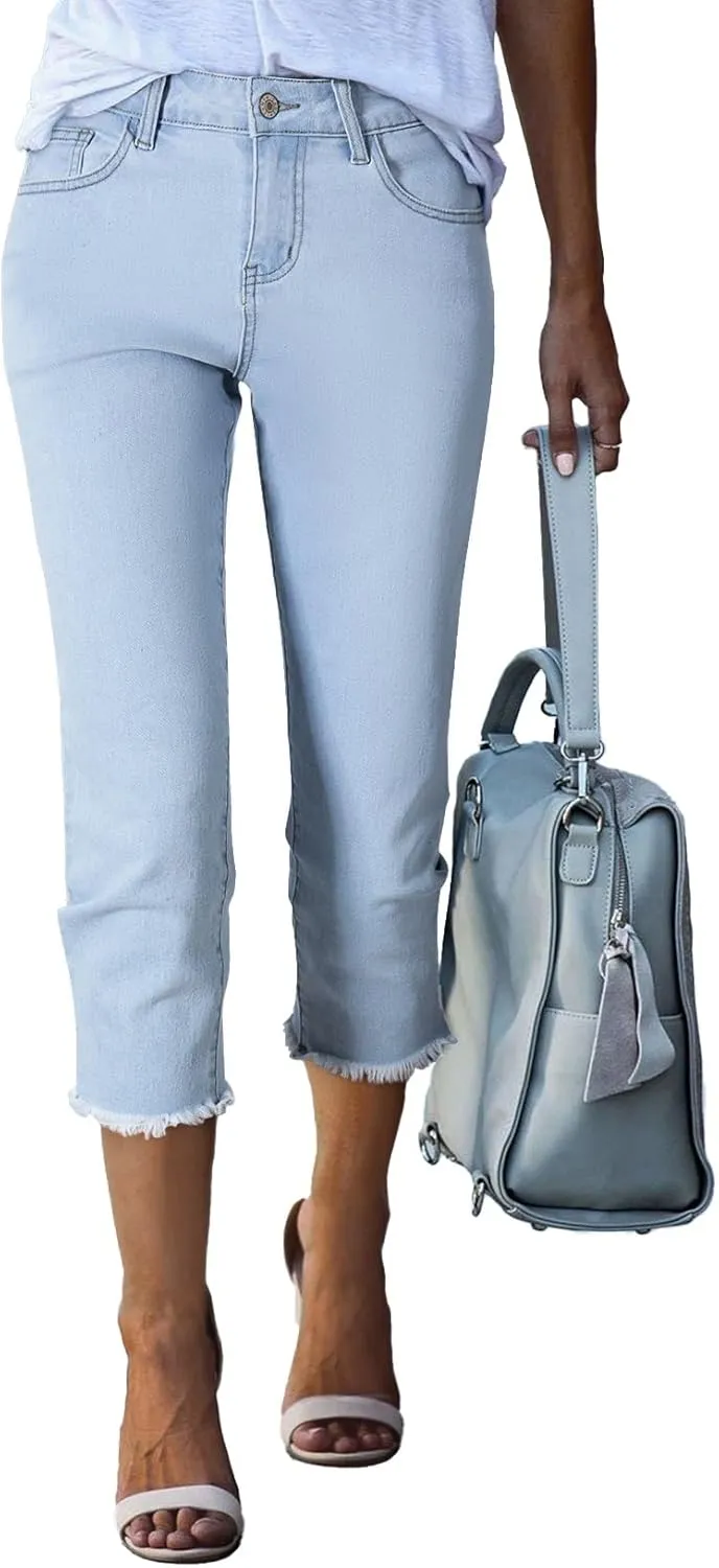 Sidefeel Women's Capri Jeans High Waisted 2025 Summer Fashion Straight Leg Raw Hem Denim Capri Pants