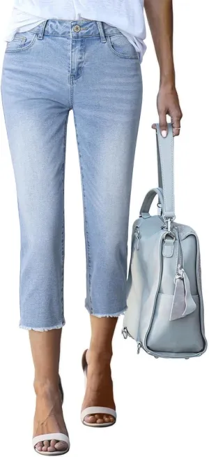 Sidefeel Women's Capri Jeans High Waisted 2025 Summer Fashion Straight Leg Raw Hem Denim Capri Pants