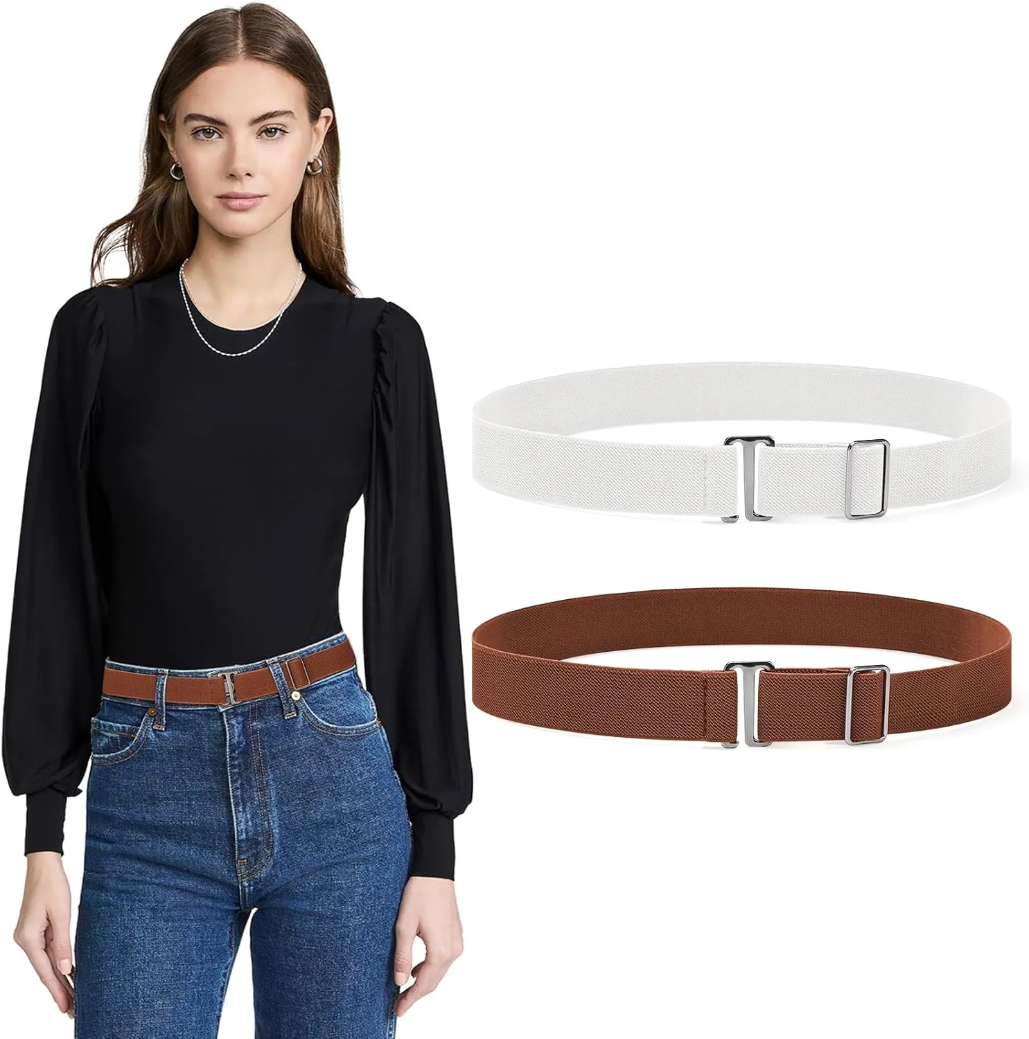 Sightor 2PCS Women No Show Stretch Belt, Adjustable Strap with Flat Buckle, Invisible Elastic Belt for Jeans Pants Dresses