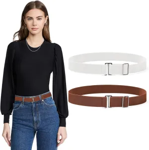 Sightor 2PCS Women No Show Stretch Belt, Adjustable Strap with Flat Buckle, Invisible Elastic Belt for Jeans Pants Dresses