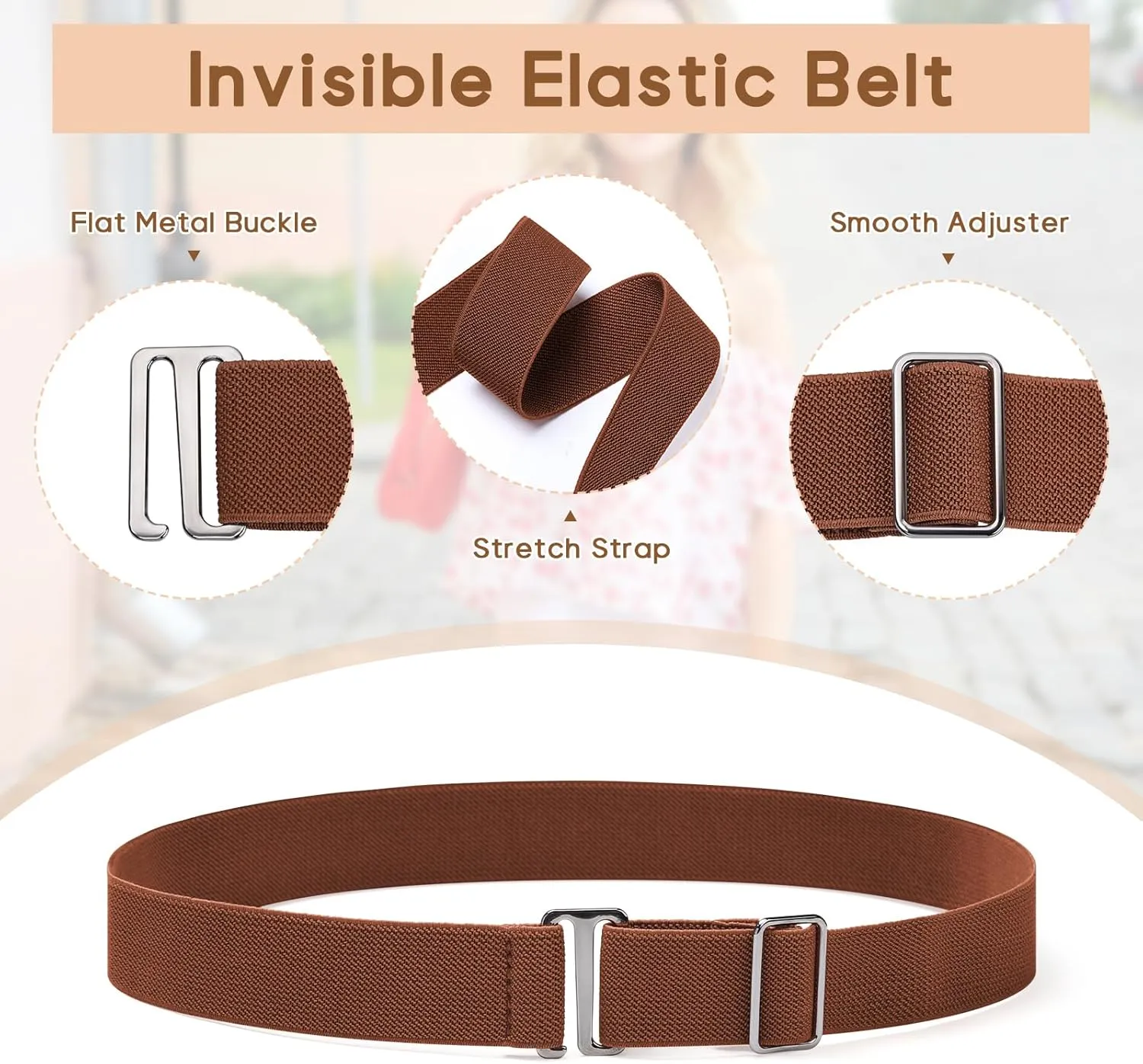 Sightor 2PCS Women No Show Stretch Belt, Adjustable Strap with Flat Buckle, Invisible Elastic Belt for Jeans Pants Dresses