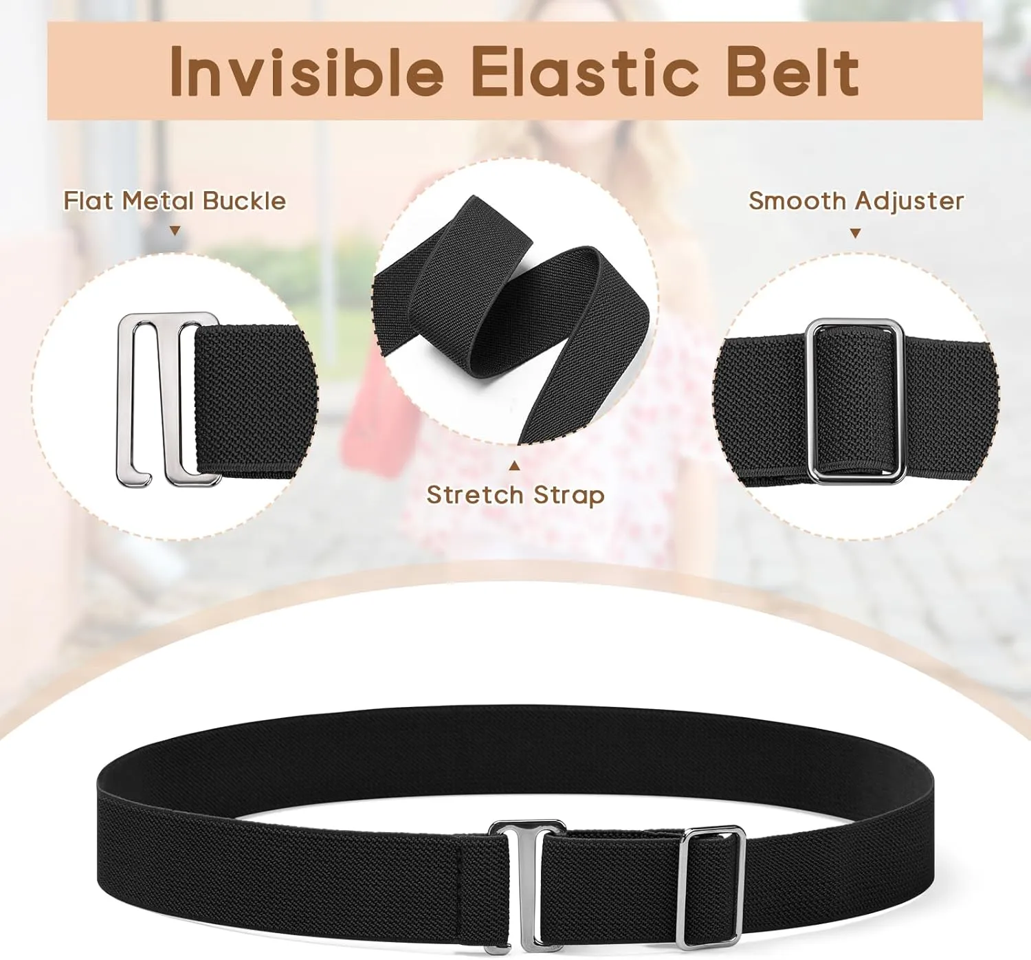 Sightor 2PCS Women No Show Stretch Belt, Adjustable Strap with Flat Buckle, Invisible Elastic Belt for Jeans Pants Dresses