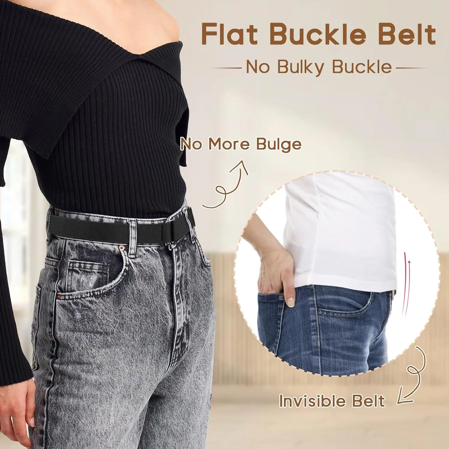 Sightor 2PCS Women No Show Stretch Belt, Adjustable Strap with Flat Buckle, Invisible Elastic Belt for Jeans Pants Dresses