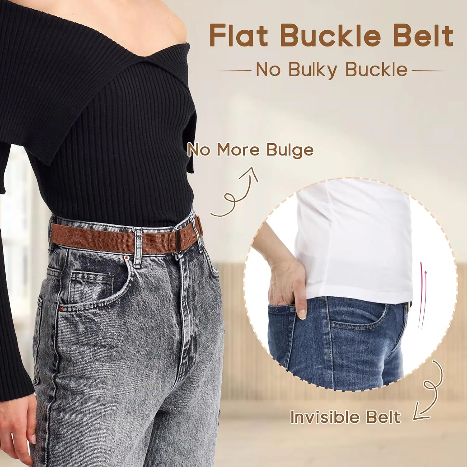 Sightor 2PCS Women No Show Stretch Belt, Adjustable Strap with Flat Buckle, Invisible Elastic Belt for Jeans Pants Dresses