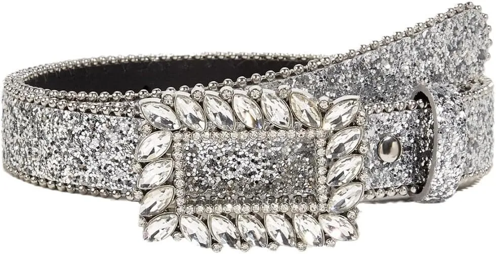 Silver Rhinestone Belt Western Cowgirl Cowboy Belts Vintage Bling Crystal Studded Leather Belt for Jean for 27-39"