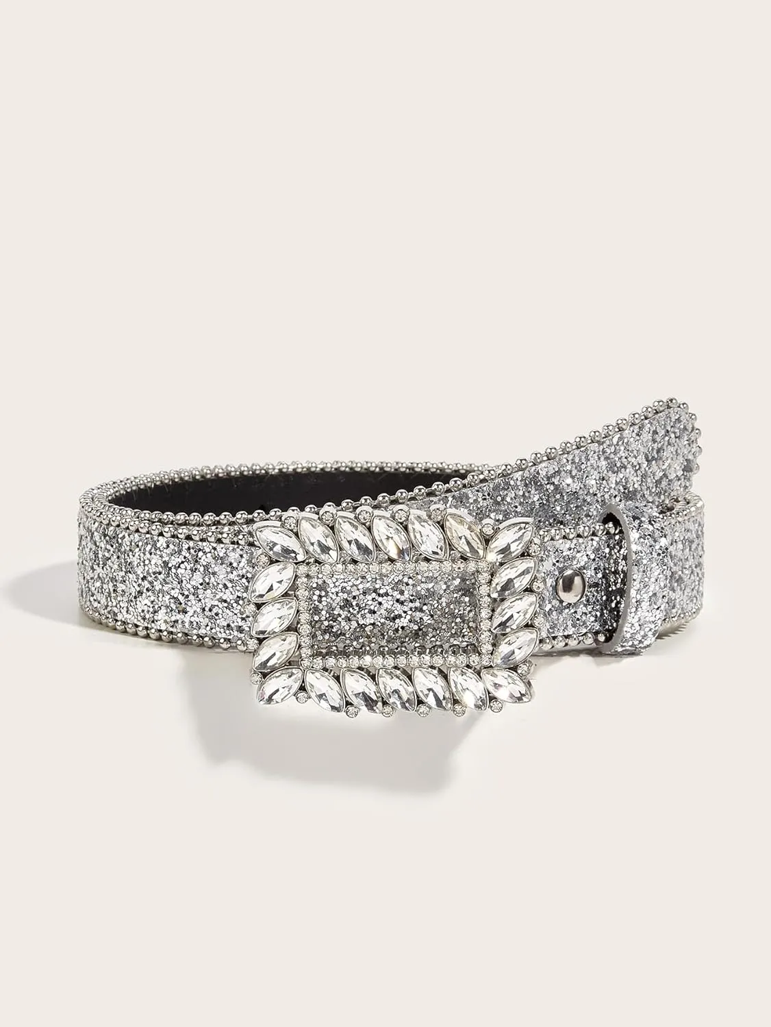 Silver Rhinestone Belt Western Cowgirl Cowboy Belts Vintage Bling Crystal Studded Leather Belt for Jean for 27-39"