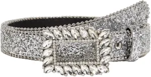 Silver Rhinestone Belt Western Cowgirl Cowboy Belts Vintage Bling Crystal Studded Leather Belt for Jean for 27-39"