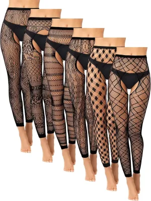Skylety 6 Pairs Fishnet Stockings for Women Plus Size Thigh-high Tights Stockings Suspender Pantyhose Garter Belts