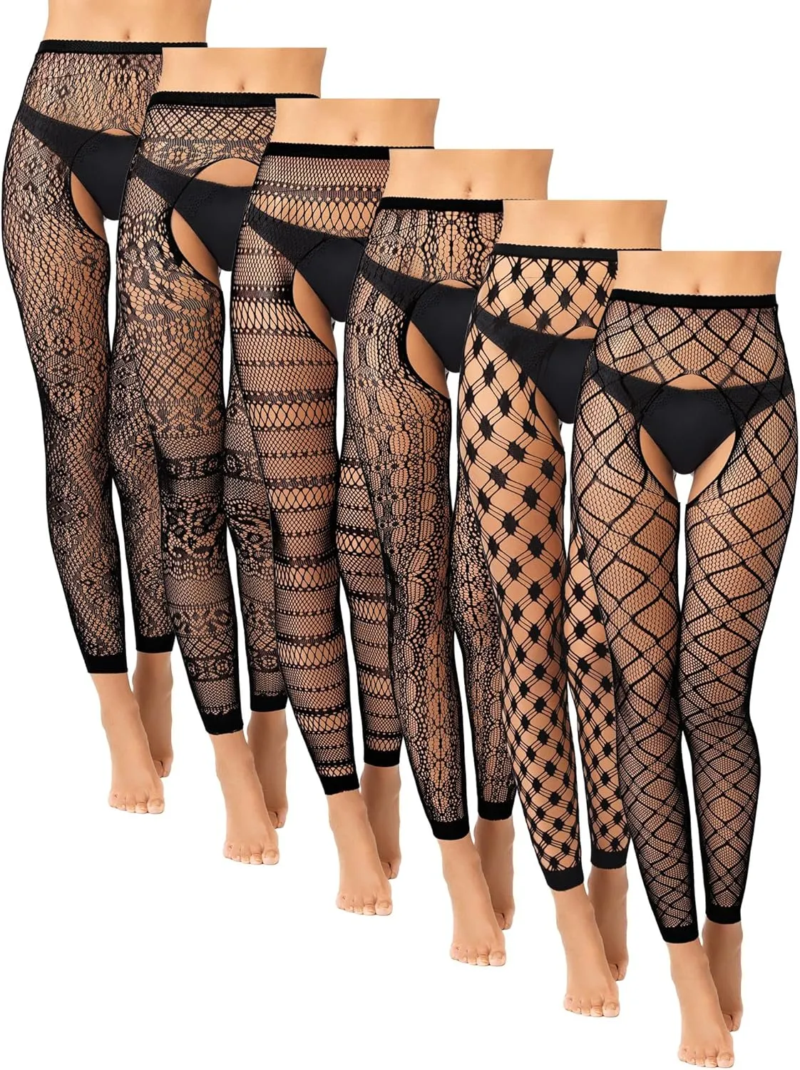 Skylety 6 Pairs Fishnet Stockings for Women Plus Size Thigh-high Tights Stockings Suspender Pantyhose Garter Belts