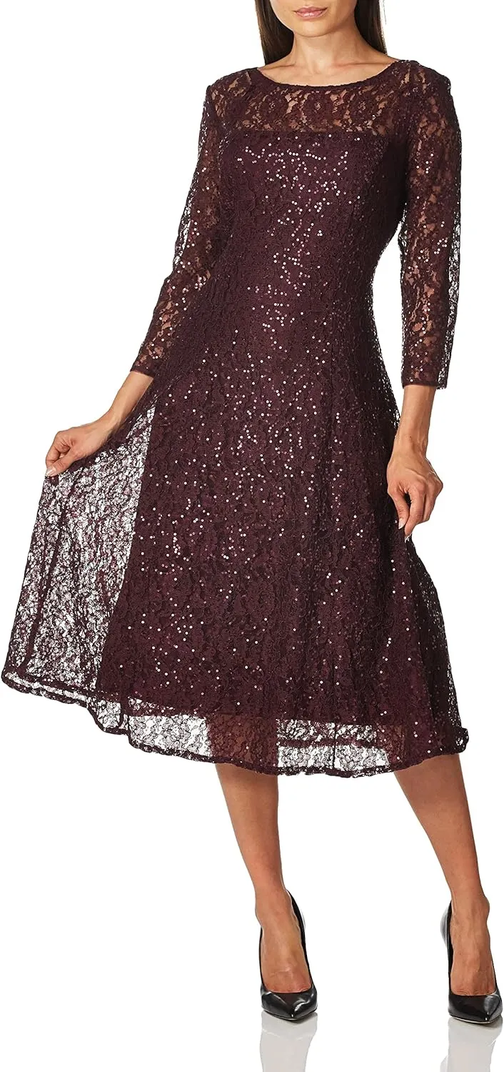 S.L. Fashions Women's Long Sequin Lace Gown with Illusion Flare Sleeves