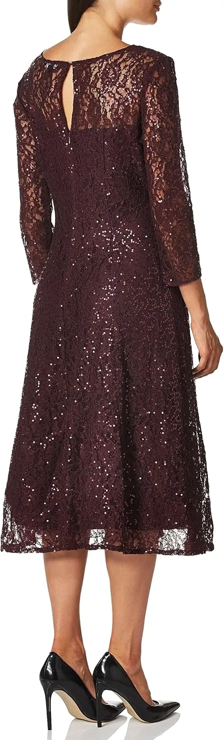S.L. Fashions Women's Long Sequin Lace Gown with Illusion Flare Sleeves
