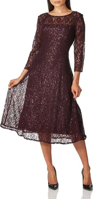 S.L. Fashions Women's Long Sequin Lace Gown with Illusion Flare Sleeves