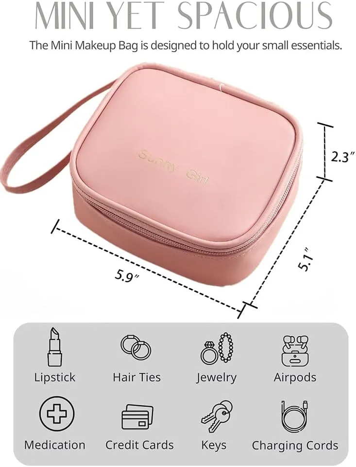 Small Makeup Bag for Purse Mini Square Cosmetic Bag for Women Cute Preppy Make Up Pouch with Zipper Tiny Leather Make Up Organizer Case for Backpack Waterproof Travel Toiletry Bags (Pink)