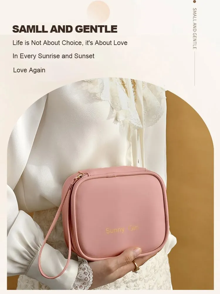 Small Makeup Bag for Purse Mini Square Cosmetic Bag for Women Cute Preppy Make Up Pouch with Zipper Tiny Leather Make Up Organizer Case for Backpack Waterproof Travel Toiletry Bags (Pink)