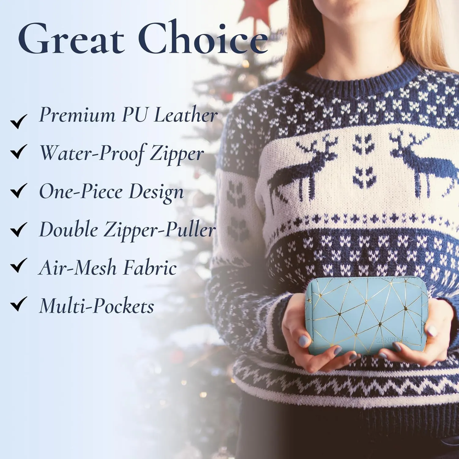 Small PU Leather Makeup Organizer, Mini Travel Cosmetic Bag, Waterproof Pouch, Cute for Girls & Women (Blue & Gold)