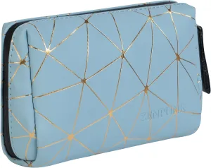 Small PU Leather Makeup Organizer, Mini Travel Cosmetic Bag, Waterproof Pouch, Cute for Girls & Women (Blue & Gold)