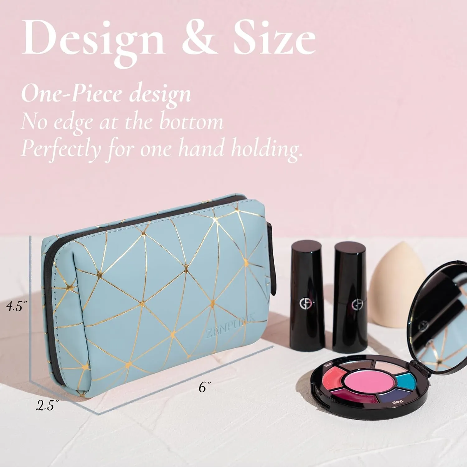 Small PU Leather Makeup Organizer, Mini Travel Cosmetic Bag, Waterproof Pouch, Cute for Girls & Women (Blue & Gold)