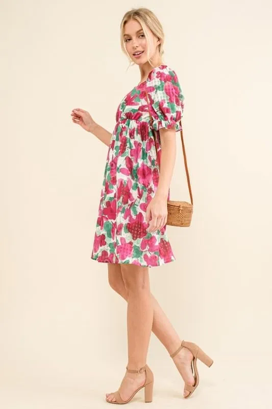 Smocked Floral Ruffle Short Sleeve Mini Dress