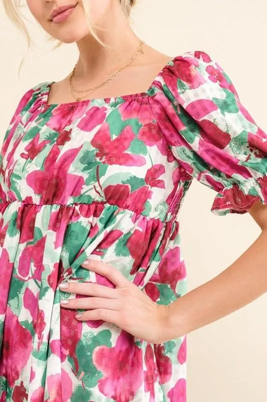Smocked Floral Ruffle Short Sleeve Mini Dress