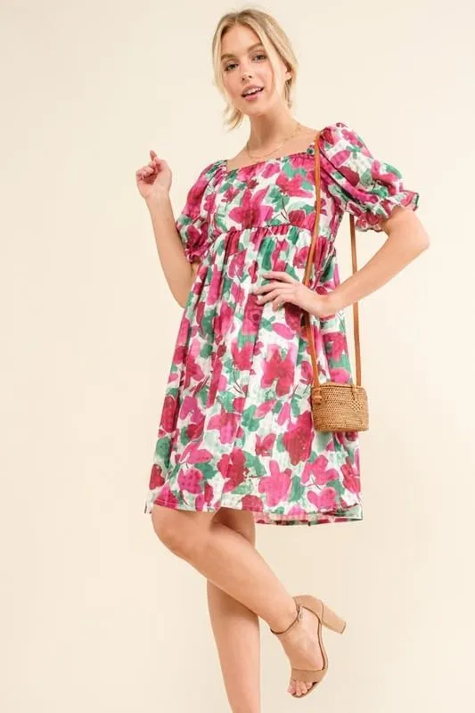 Smocked Floral Ruffle Short Sleeve Mini Dress