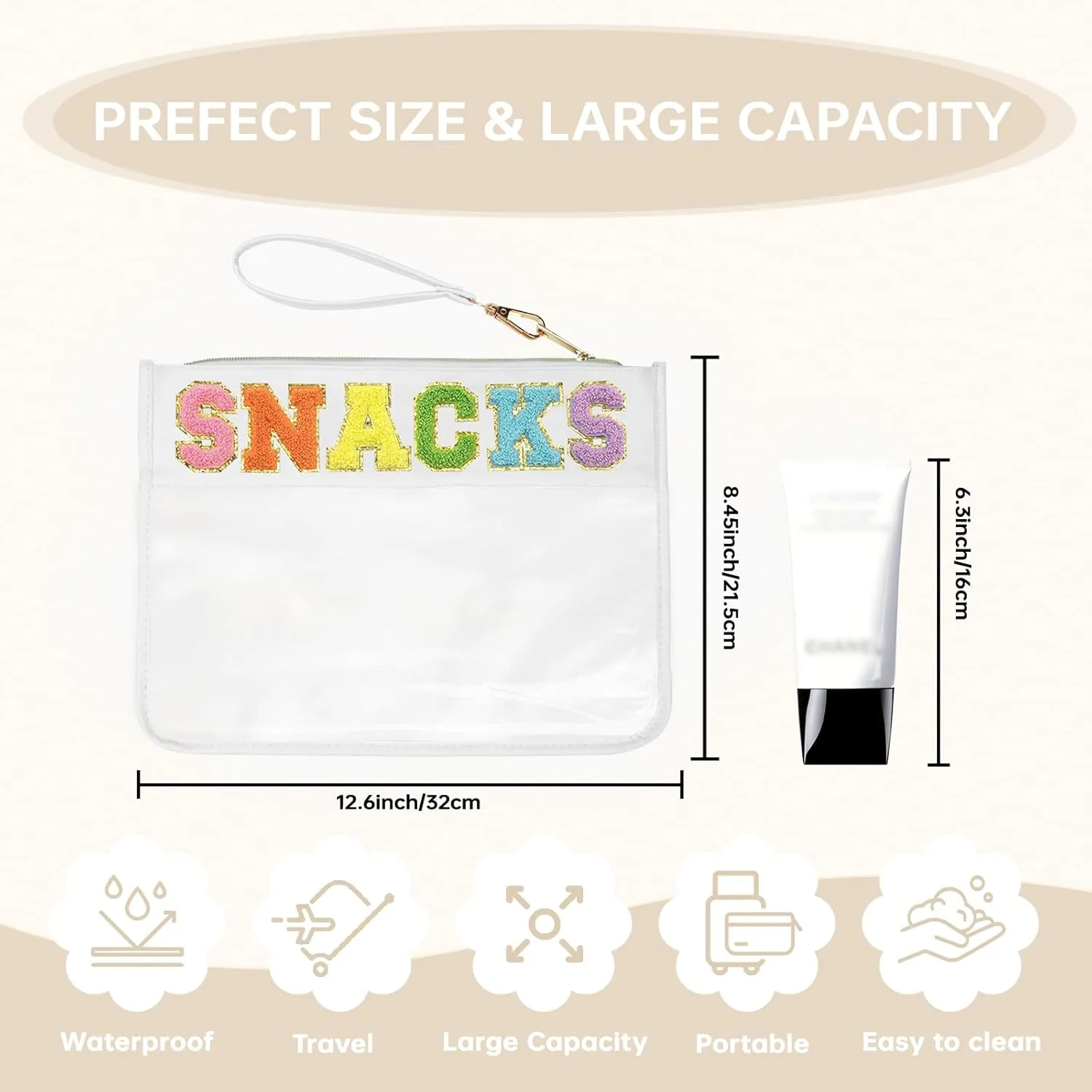 Snack Bag Clear Chenille Varsity Letter Zipper Pouch for Travel Nylon Clear Cosmetic Bag Makeup Travel Bag for Women (White-Snacks)