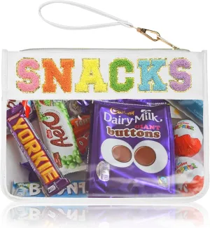Snack Bag Clear Chenille Varsity Letter Zipper Pouch for Travel Nylon Clear Cosmetic Bag Makeup Travel Bag for Women (White-Snacks)