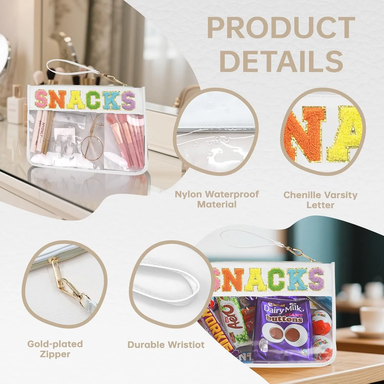 Snack Bag Clear Chenille Varsity Letter Zipper Pouch for Travel Nylon Clear Cosmetic Bag Makeup Travel Bag for Women (White-Snacks)