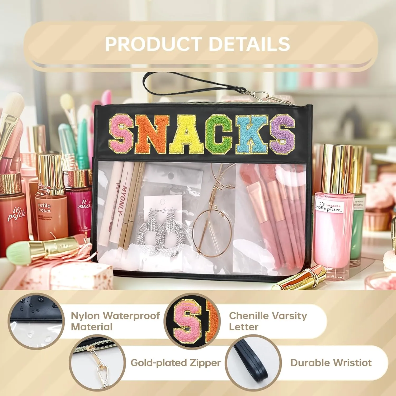 Snack Bags Pouch Travel Makeup Bag Chenille Letter Bags for Zipper Pouch Clear Cosmetic Bag Tote Bag Makeup Travel Bag for Women