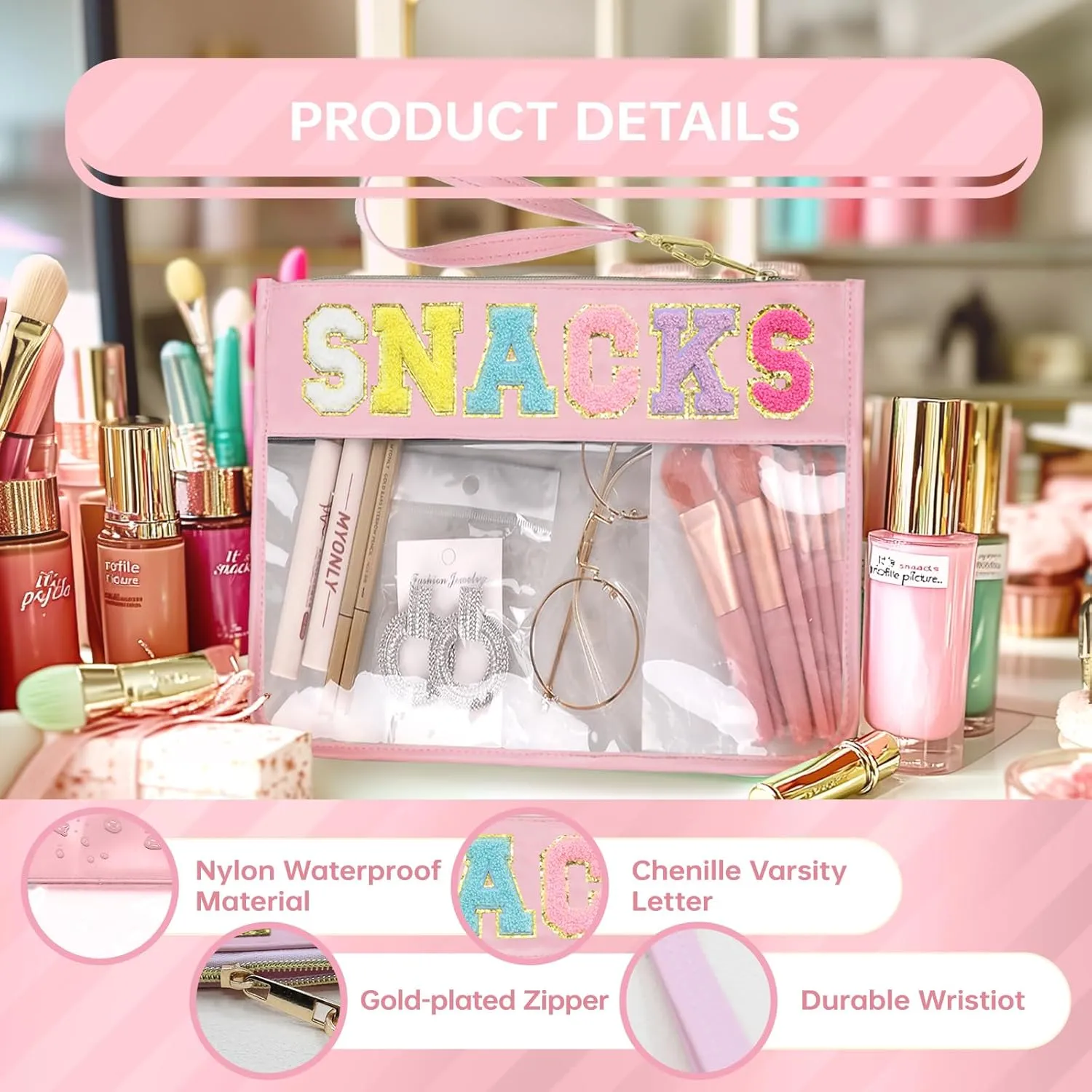 Snack Bags Pouch Travel Makeup Bag Chenille Letter Bags for Zipper Pouch Clear Cosmetic Bag Tote Bag Makeup Travel Bag for Women