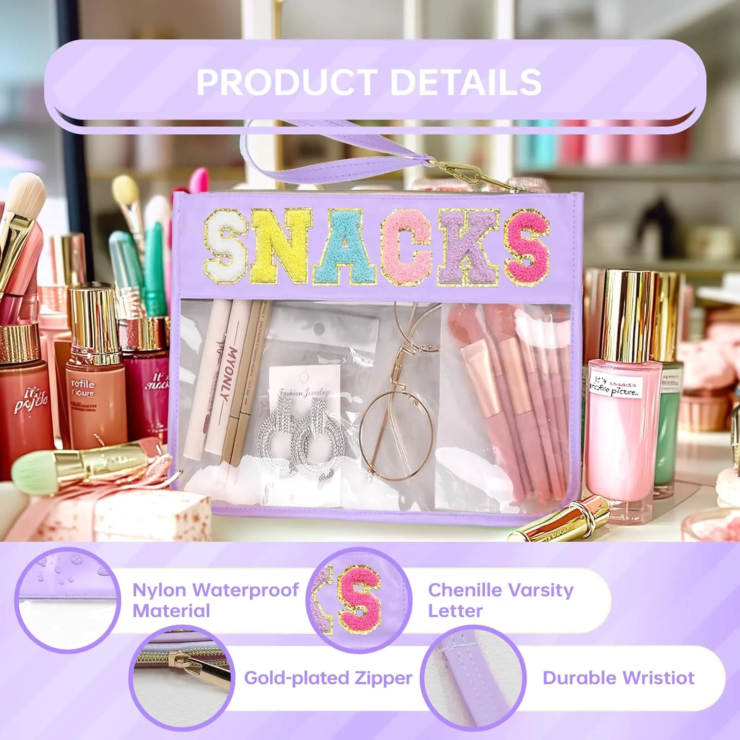 Snack Bags Pouch Travel Makeup Bag Chenille Letter Bags for Zipper Pouch Clear Cosmetic Bag Tote Bag Makeup Travel Bag for Women