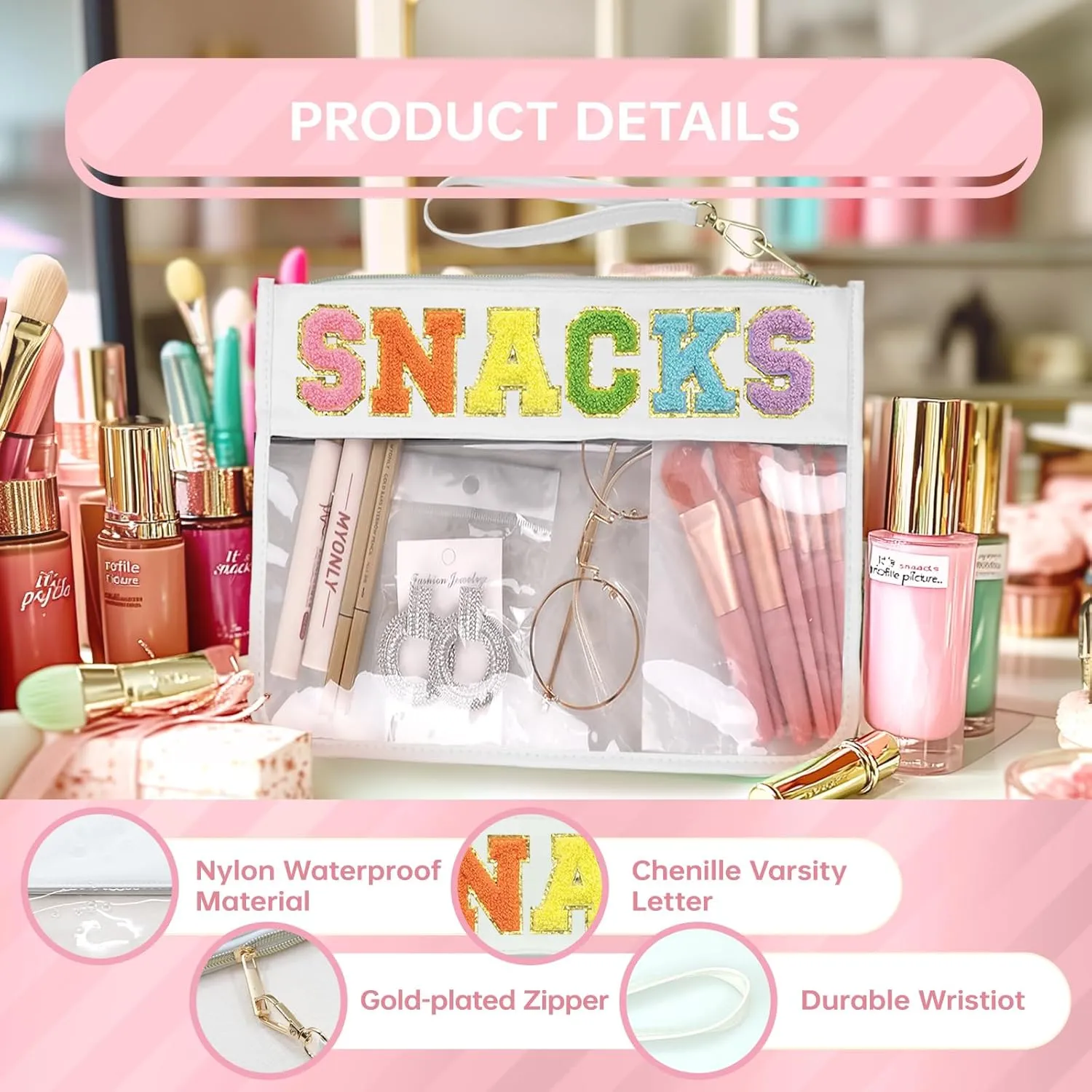 Snack Bags Pouch Travel Makeup Bag Chenille Letter Bags for Zipper Pouch Clear Cosmetic Bag Tote Bag Makeup Travel Bag for Women