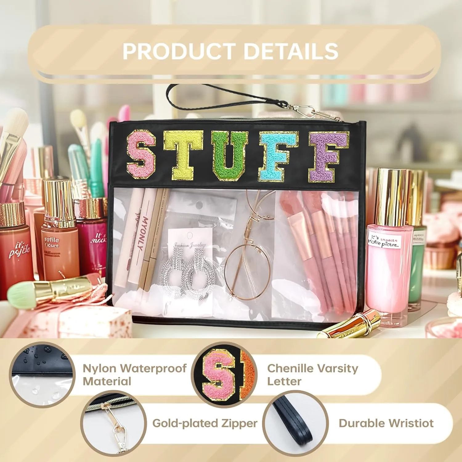 Snack Bags Pouch Travel Makeup Bag Chenille Letter Bags for Zipper Pouch Clear Cosmetic Bag Tote Bag Makeup Travel Bag for Women