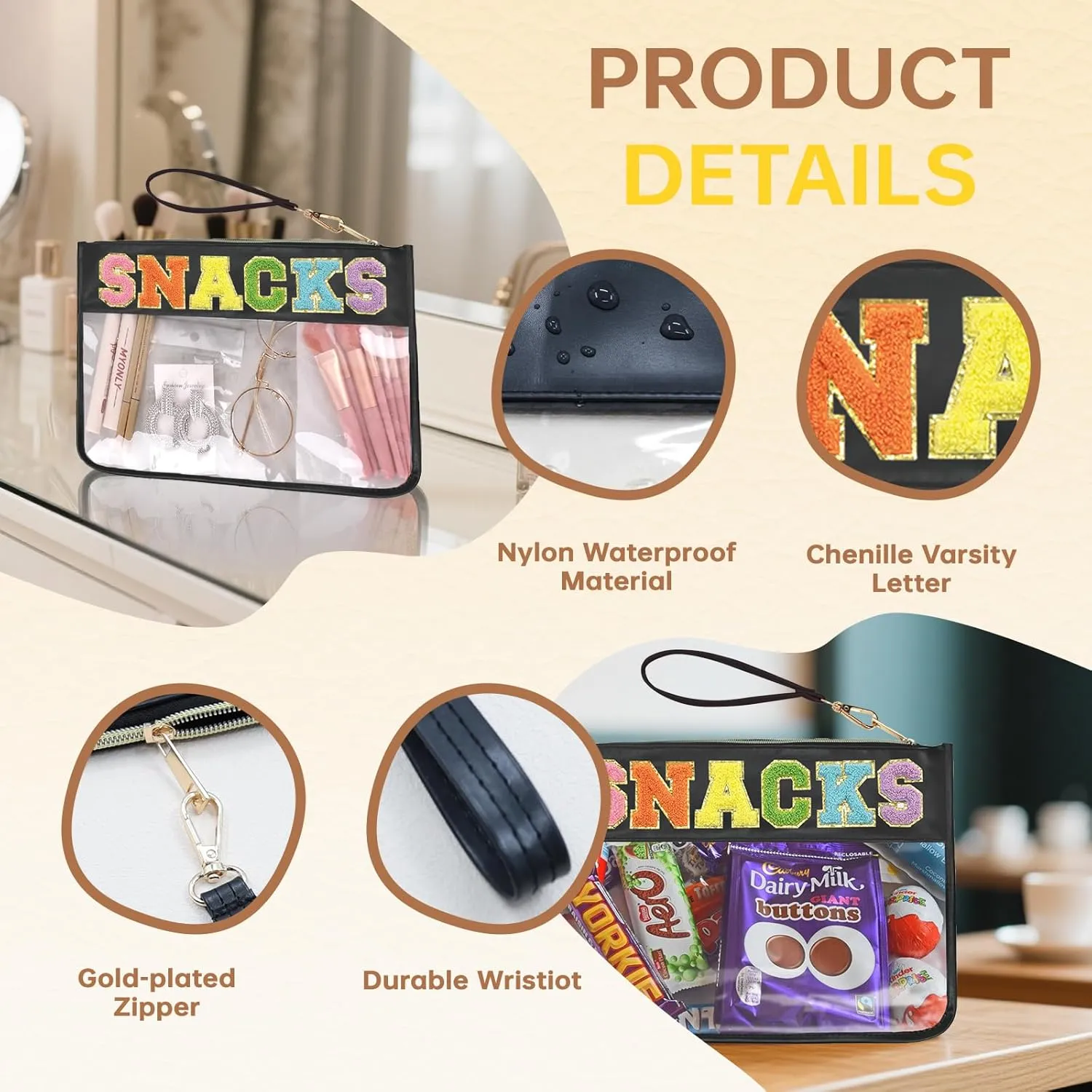 Snacks Bag Clear Chenille Varsity Letter Zipper Pouch Travel Makeup Bag Aesthetic Storage Organizer Pouches for Women with Glitter Patch Letters (Black-Snacks)