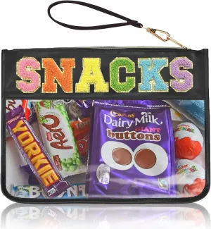 Snacks Bag Clear Chenille Varsity Letter Zipper Pouch Travel Makeup Bag Aesthetic Storage Organizer Pouches for Women with Glitter Patch Letters (Black-Snacks)