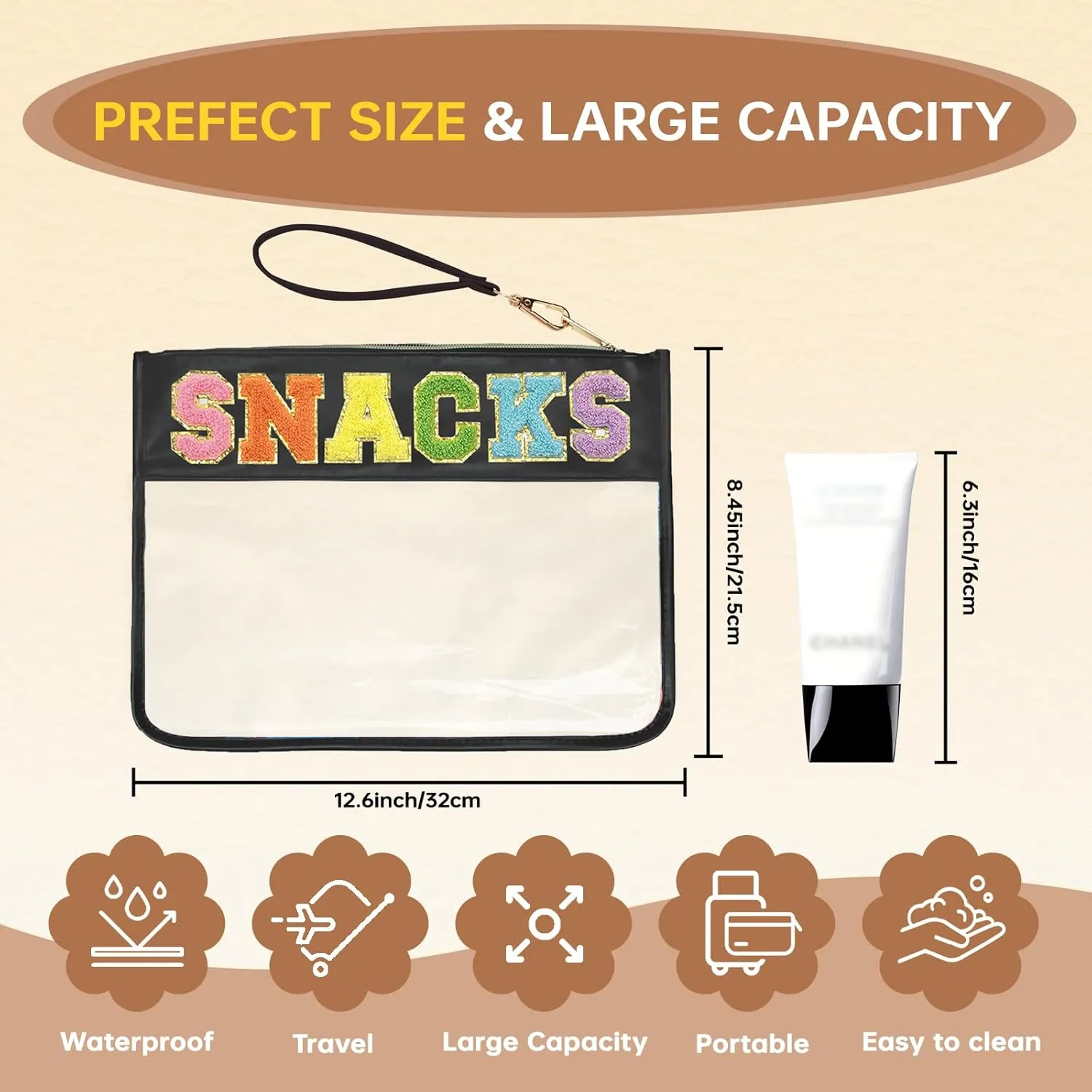 Snacks Bag Clear Chenille Varsity Letter Zipper Pouch Travel Makeup Bag Aesthetic Storage Organizer Pouches for Women with Glitter Patch Letters (Black-Snacks)
