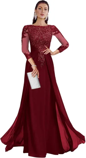 SOLODISH Mother of The Bride Dresses for Wedding Lace Applique 3/4 Sleeves Chiffon Formal Evening Gown