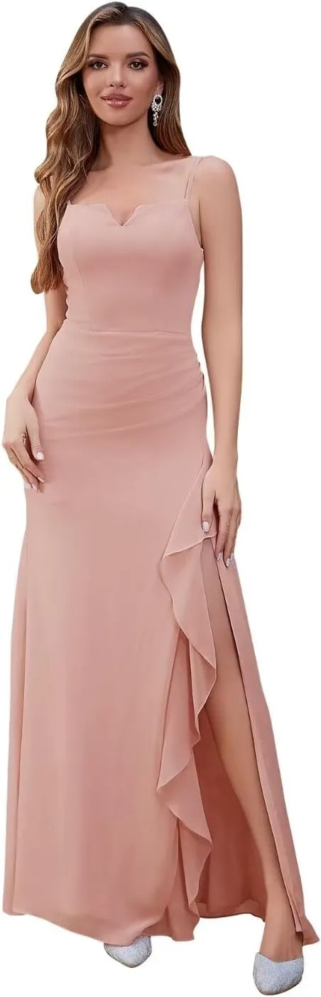 Spaghetti Straps Bridesmaid Dresses with Slit Mermaid Prom Dress Formal Evening Party Gown