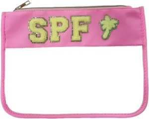 SPF Makeup Bag Clear Makeup Letter Bag Chenille Letter Preppy bag SPF Varsity Letter Cosmetic Toiletry Bag Sunscreen Bag Summer Beach Pool Travel Gifts for Women Girls(SPF-pink)