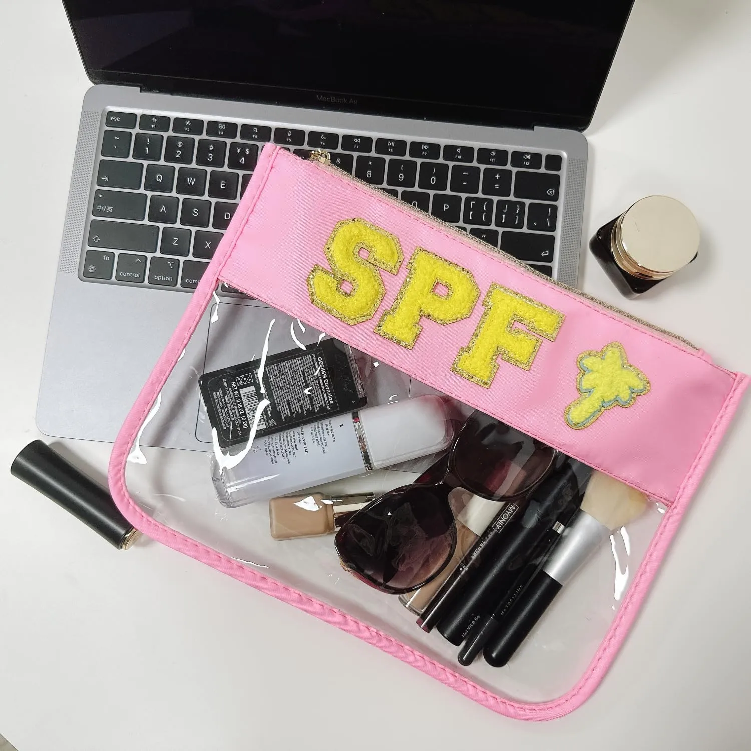 SPF Makeup Bag Clear Makeup Letter Bag Chenille Letter Preppy bag SPF Varsity Letter Cosmetic Toiletry Bag Sunscreen Bag Summer Beach Pool Travel Gifts for Women Girls(SPF-pink)