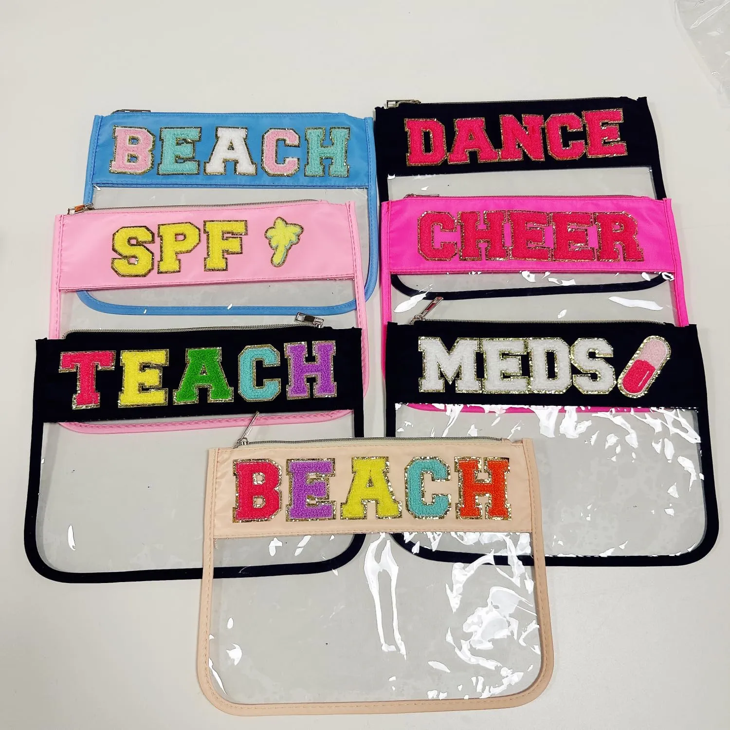 SPF Makeup Bag Clear Makeup Letter Bag Chenille Letter Preppy bag SPF Varsity Letter Cosmetic Toiletry Bag Sunscreen Bag Summer Beach Pool Travel Gifts for Women Girls(SPF-pink)