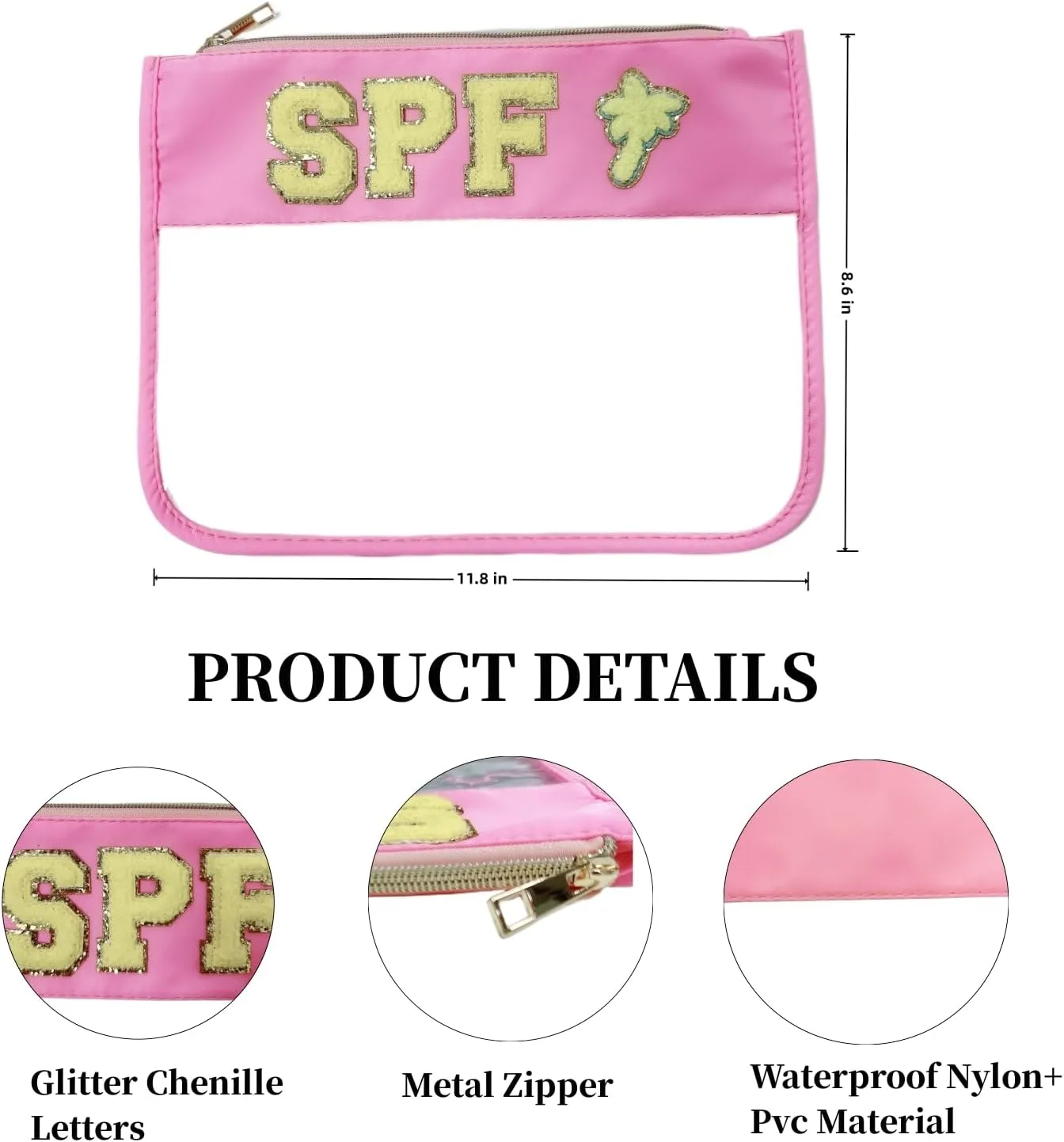 SPF Makeup Bag Clear Makeup Letter Bag Chenille Letter Preppy bag SPF Varsity Letter Cosmetic Toiletry Bag Sunscreen Bag Summer Beach Pool Travel Gifts for Women Girls(SPF-pink)