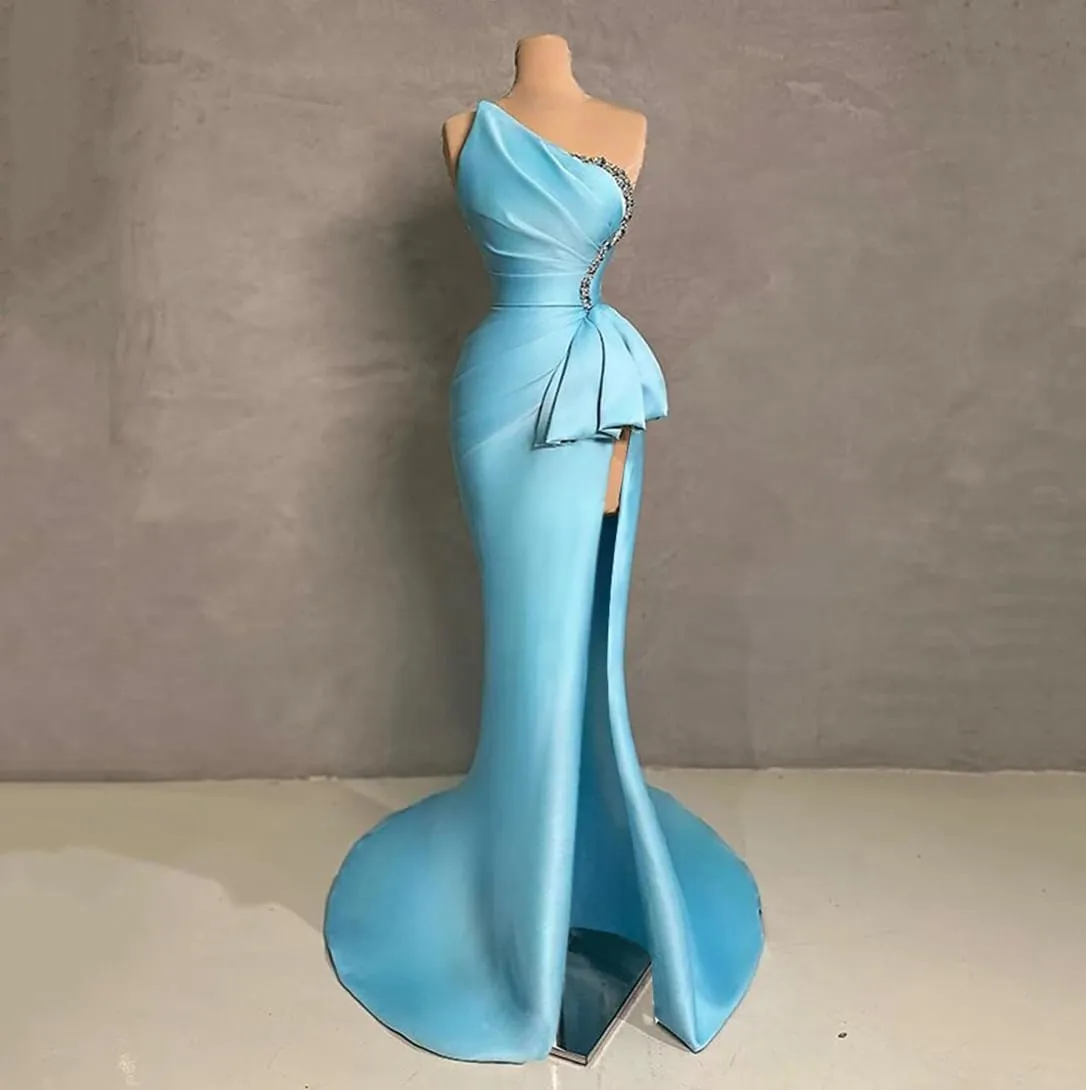 Strapless Evening Gowns 2024 Beaded Satin Ruched Mermaid High Slit Long Prom Dresses for Women