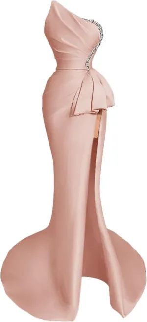 Strapless Evening Gowns 2024 Beaded Satin Ruched Mermaid High Slit Long Prom Dresses for Women