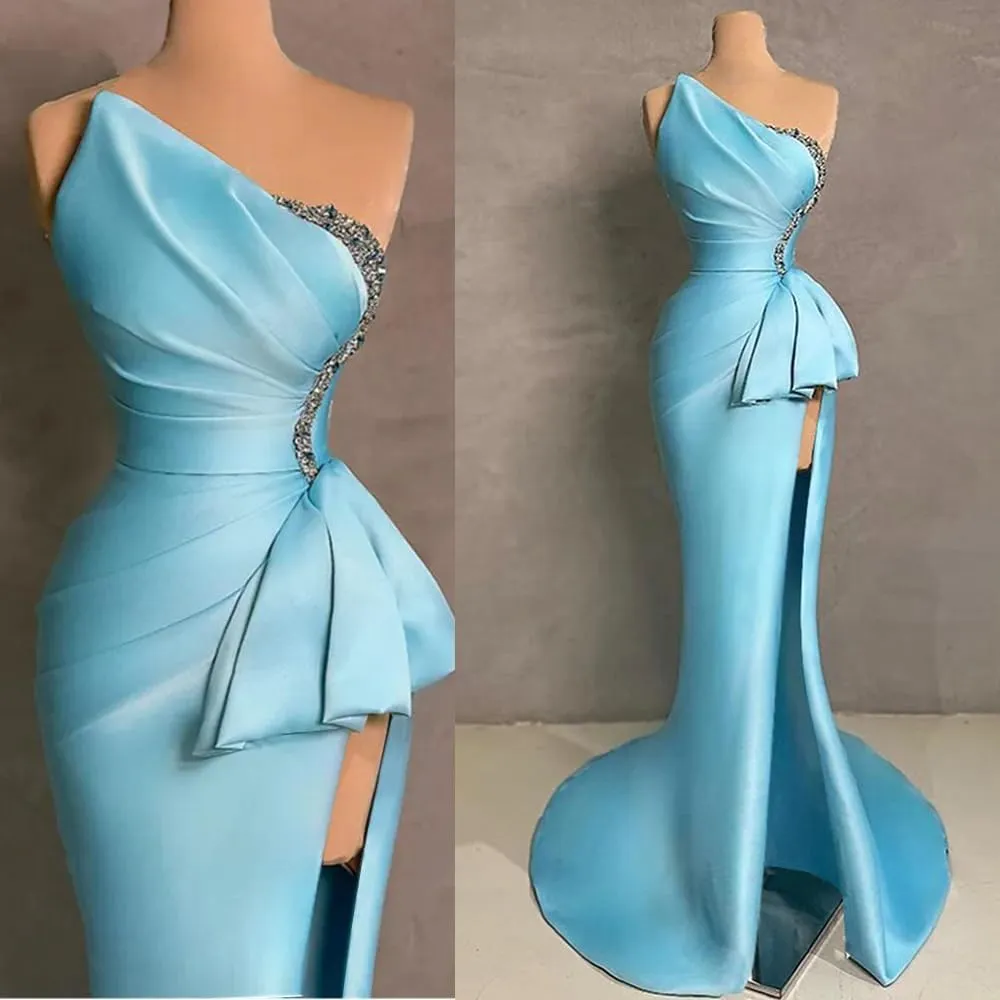 Strapless Evening Gowns 2024 Beaded Satin Ruched Mermaid High Slit Long Prom Dresses for Women