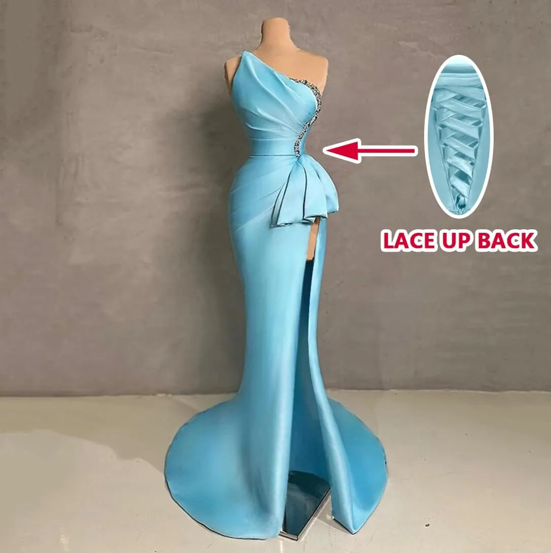Strapless Evening Gowns 2024 Beaded Satin Ruched Mermaid High Slit Long Prom Dresses for Women