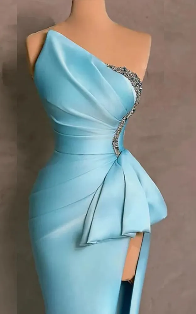 Strapless Evening Gowns 2024 Beaded Satin Ruched Mermaid High Slit Long Prom Dresses for Women