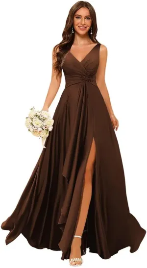 Stylefun Double V Neck Satin Bridesmaid Dresses for Women Long Ruffled Split A-line Formal Party Dresses with Pocket CYM185
