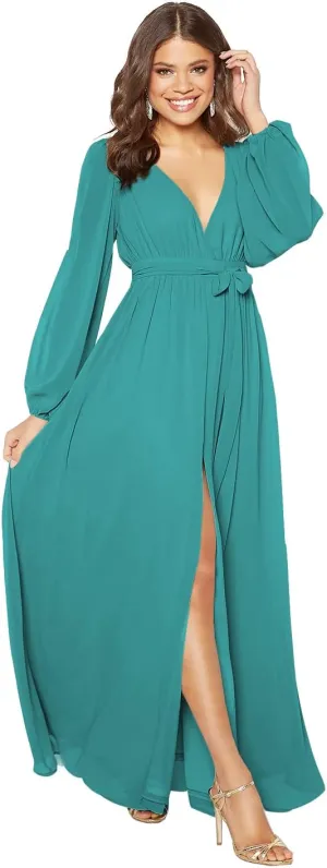 Stylefun Long Sleeve Chiffon Spilt Bridesmaid Dresses V-Neck Pleated Formal Evening Gowns with Belt CYM042
